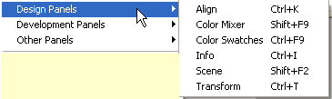 Design Panels drop down menu