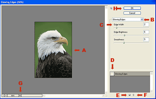 Filter Gallery dialog window with letters labeling each part of the window.